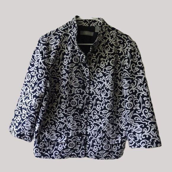 Liz Claiborne women's jacket size XL, black with white print, 3/4 sleeves, lined - Picture 1 of 16